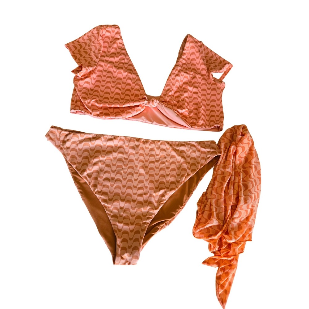 Dippin Daisys Womens 3X 2X Orange Wavy Print Bikini Set High Waist Cover Up